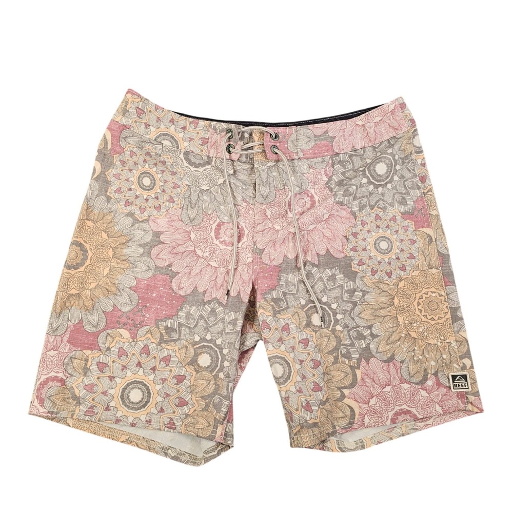 Reef Mens Mandala Floral Board Shorts Pink Grey Tan Stretch Surf Trunks Size 32